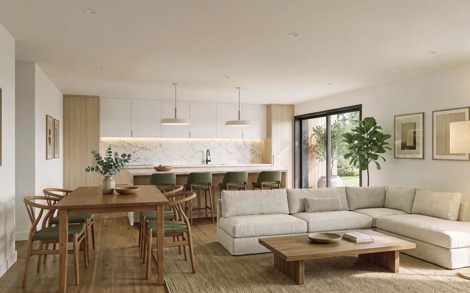 The open living, dining and kitchen space