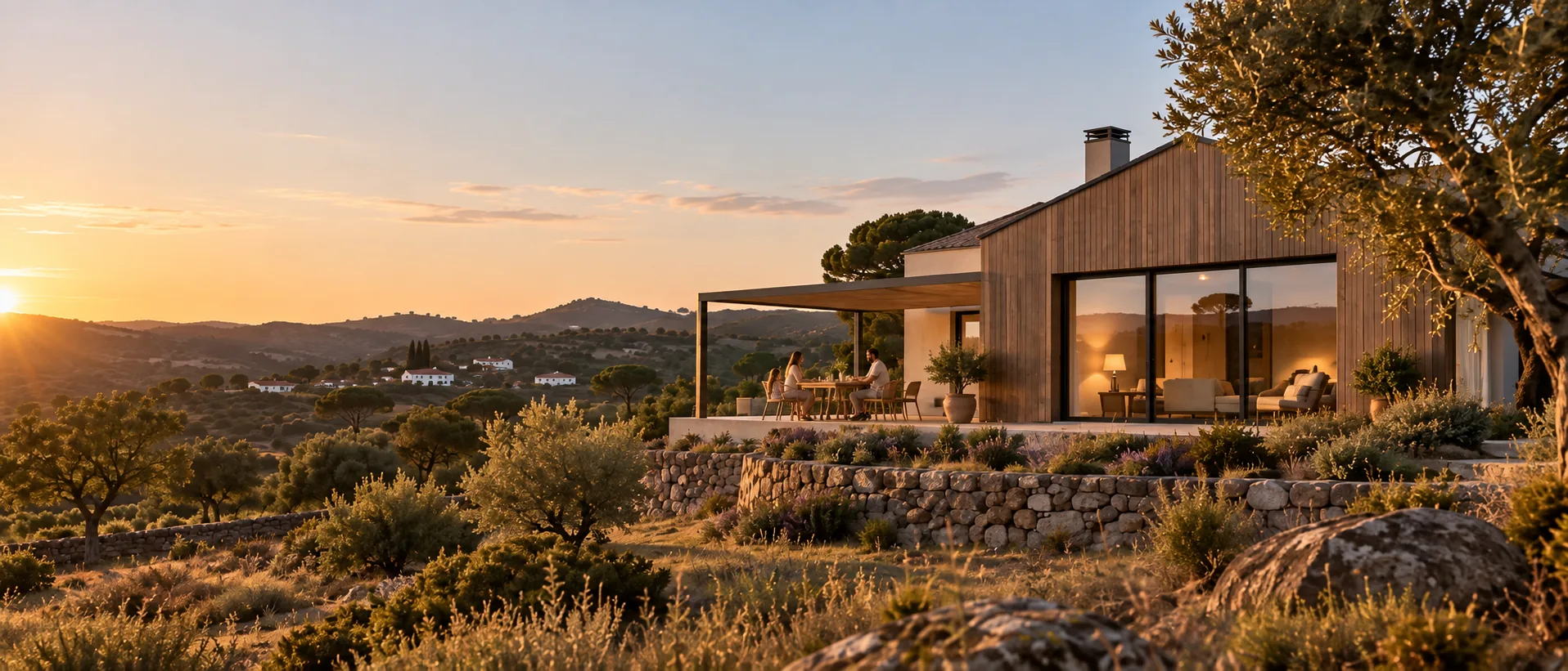 A timber house at sunset above an olive valley, a family at the table on the terrace