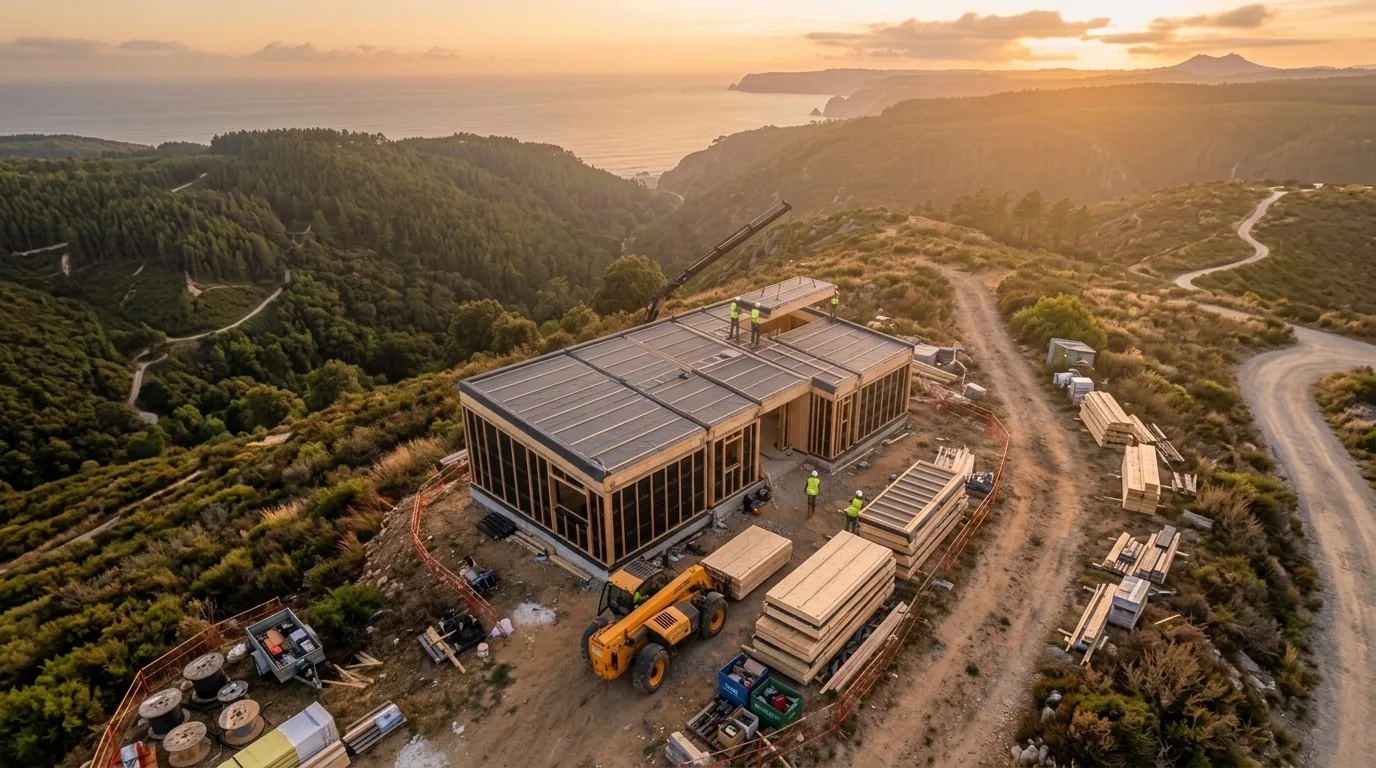 HausGrid timber-frame home under construction on Portugal's Silver Coast at golden hour